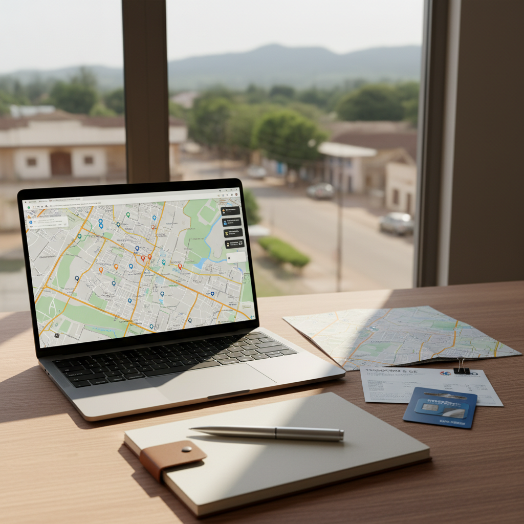 A neatly organized workspace representing practical information for living in Kpalimé, featuring a modern wooden desk with a sleek, thin laptop open to a map of the city. Beside the laptop lie a detailed printed city map, a small stack of utility bills, a local SIM card package, and a minimalist notebook with a pen aligned neatly on top. The desk is positioned near a large window overlooking a softly blurred view of a leafy Kpalimé street and rolling hills. Warm, indirect daylight illuminates the scene, creating gentle reflections on the laptop screen and crisp shadows under the objects. The mood is reassuring, efficient, and professional. Captured from a slightly elevated angle with clean composition and photographic realism, emphasizing clarity and organization for newcomers and diaspora.